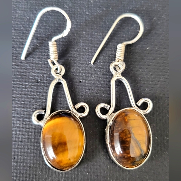 Tigers eye Natural Stone Earrings Sterling Silver - Picture 1 of 2
